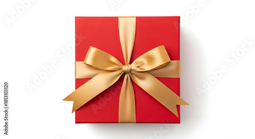 Red gift box with gold ribbon and bow on white background image