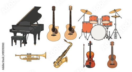 Collection of Musical Instruments on White Background