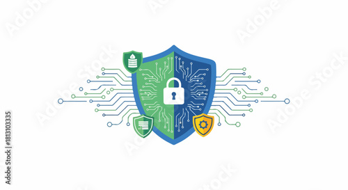 Cyber Security Shield with Lock and Circuitry