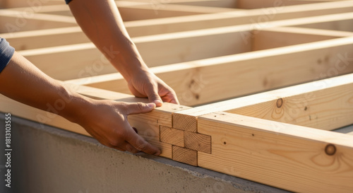 Precise carpenter aligning wooden beam joinery on foundation, closeup of hands adjusting smooth timber frame connection during house construction for accurate structural support