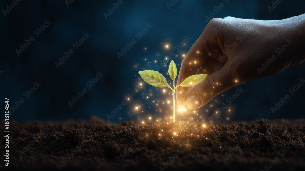 Fototapeta premium Hand gently planting glowing seedling in dark soil with magical light sparkles, symbolizing growth, care, and nurturing in natural environment