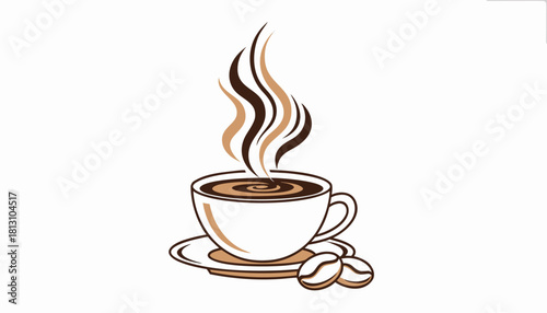 Steaming cup of hot coffee with two coffee bean illustrations sitting on a saucer