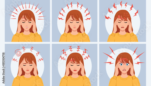 Set of six illustrations showing a woman experiencing different levels and types of headache pain, stress, and migraine symptoms