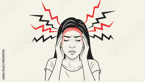 Illustration of a woman suffering from a severe headache or migraine, holding her temples with a pained expression, depicted with abstract lightning bolts symbolizing pain