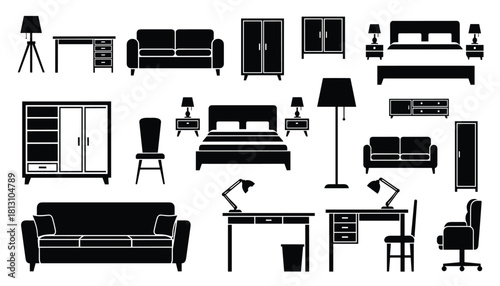 Collection of black silhouette icons representing various modern home furniture pieces like sofa, bed, desk, wardrobe, and chair for interior design concept