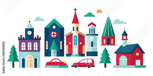Town buildings churches architecture cars trees illustration cityscape vector