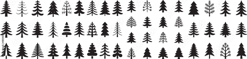 Obraz premium Extensive collection of stylized pine and Christmas tree vector icons for seasonal branding.