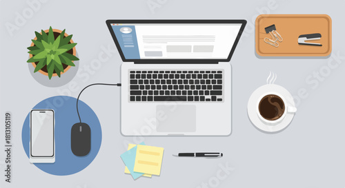 Workspace Top View Laptop, Coffee, and Office Essentials