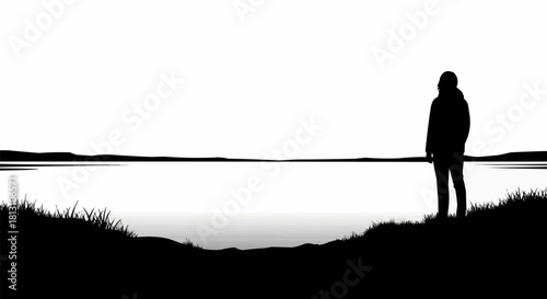 Silhouette of a Person Contemplating the Serene Lake Landscape.