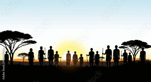 Silhouette of a group of African tribal people standing together at sunset.