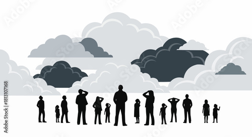 A diverse crowd of silhouetted people looking up together.