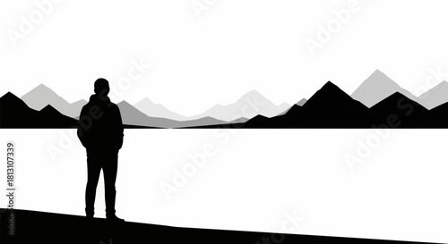 Silhouette of a Person Contemplating a Distant Mountain Range.