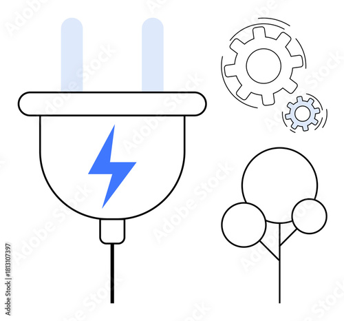 Electric plug with lightning bolt, rotating gears, and minimalist tree. Ideal for energy, technology, eco-innovation, sustainability, renewable power environmental care teamwork. Simple flat