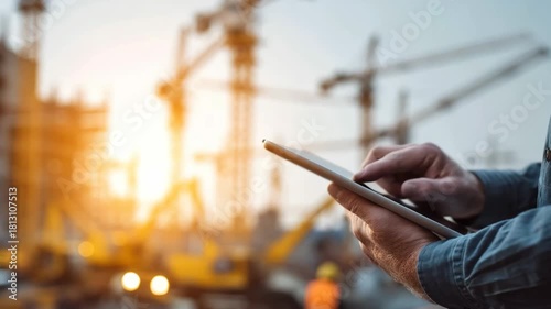 Generative AI. Construction worker using tablet on site, with cranes and machinery in the background, showcasing modern technology in the construction industry and project management