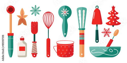 Baking utensils christmas holiday kitchen cooking whisk spatula spoon bowl festive tree