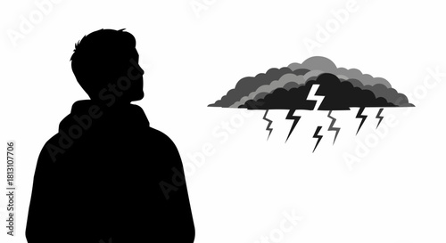 Silhouette of a person looking at a dark storm cloud with lightning bolts.