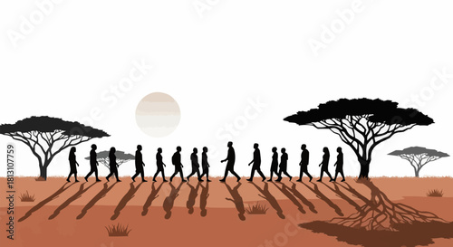 Silhouettes of people walking in a line across a desert landscape.