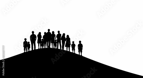 Black silhouette of a large group of people on a hill.
