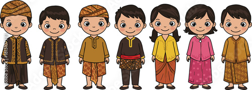 Cartoon children in traditional Indonesian clothing, cultural diversity illustration, ethnic costume celebration, regional heritage outfits, cheerful expressions, national identity, colorful