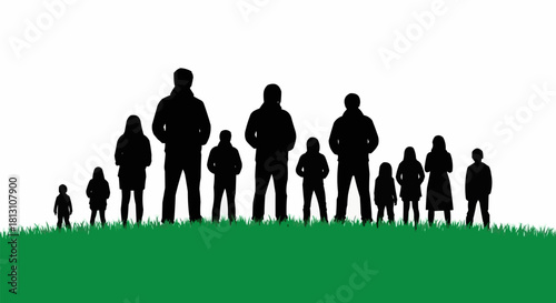 Diverse group of people silhouetted against a white background standing on green grass.