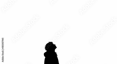 Silhouette of person looking up with curiosity and wonder against white background.