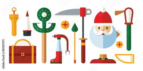 Santa anchor tools briefcase spear saw axe christmas holiday vector design