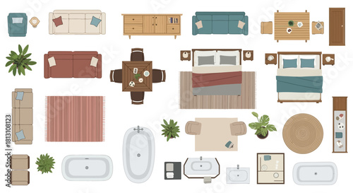 top view modern home furniture and interior design elements in plan layout ideal for architectural blueprints room planning and decor.