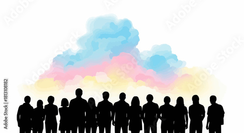Diverse Group of People Standing Together in Silhouette with Colorful Cloud.