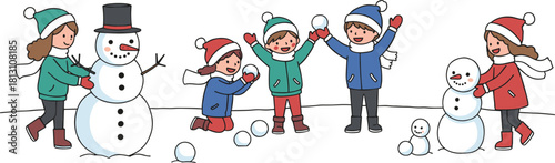 Cartoon children playing in snow, building snowmen, snowball fight, winter clothes, joyful expressions, outdoor fun, seasonal activity, teamwork, festive mood, cold weather scene
