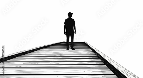 Silhouette of a solitary man standing on a wooden pier.