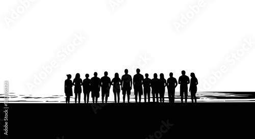 Silhouettes of a diverse group of people standing together on a horizon.