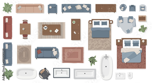 top view collection of modern furniture and household items essential for architectural and interior design projects.