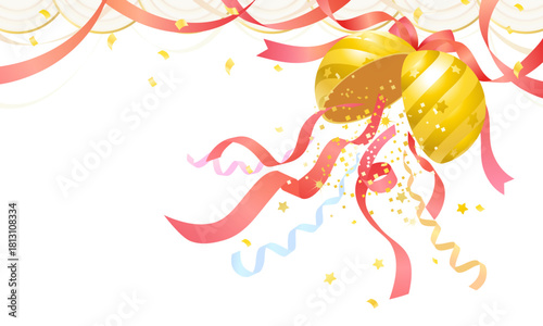 開いた祝賀くす玉と舞い散るリボンの装飾イラスト