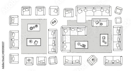 top view floor plan furniture collection illustrating room layouts and interior design for architectural planning and modern home decor.