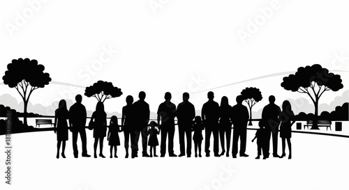 Silhouettes of a diverse group of people standing together.