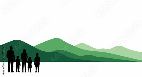 Silhouettes of a family standing together against a backdrop of green hills.