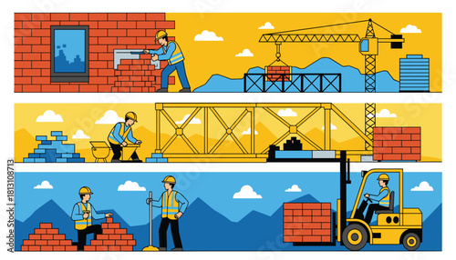 Construction workers performing various building tasks like bricklaying, operating a crane, and using a forklift in a colorful, stylized illustration