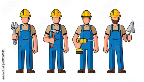 Four construction worker characters in blue overalls and yellow hard hat holding various tool like wrench hammer drill and trowel