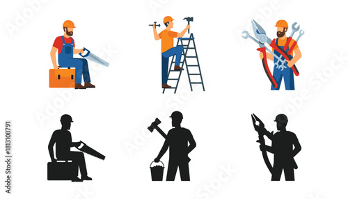Set of six construction worker icons showing different repair and building tasks with tools, including color illustrations and black silhouettes