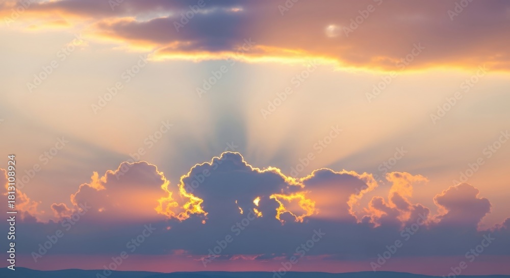 Fototapeta premium Dramatic sunset sky with sun rays bursting through dark clouds