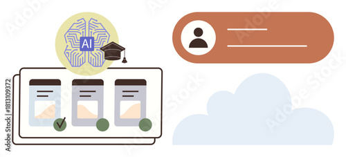 AI brain with graduation cap, task cards, user profile, and cloud icon. Ideal for education, AI, learning management, personalization task tracking digital platforms innovation. Simple flat