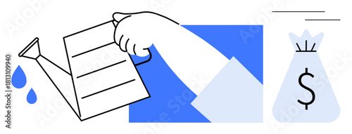 Hand holding watering can designed as a financial document, nurturing growth leading to a money bag icon. Ideal for investment, financial planning, savings strategy, business growth, funding ideas