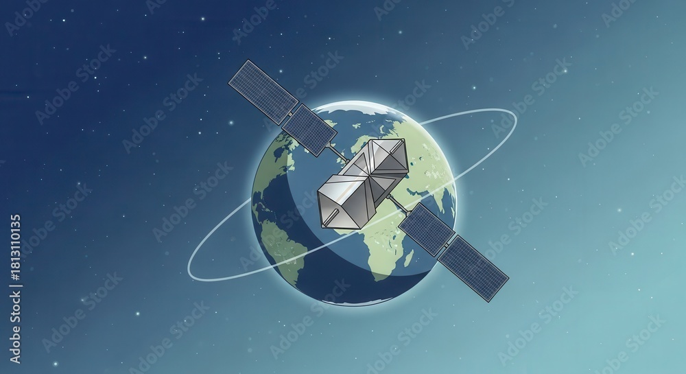 Naklejka premium Communications device orbits the planet earth against a starry expanse