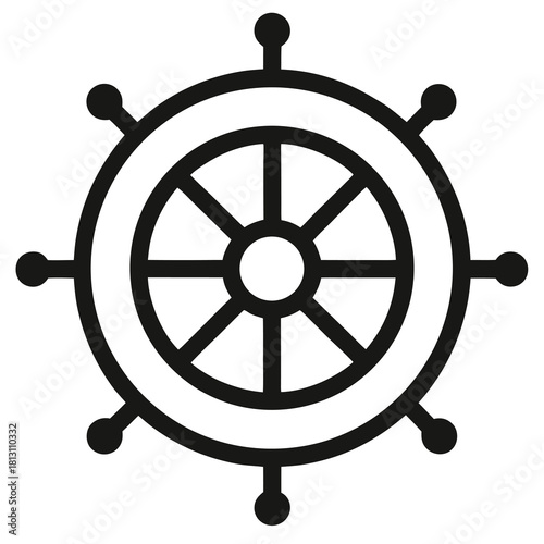 Simple design of a black ship steering wheel on white background