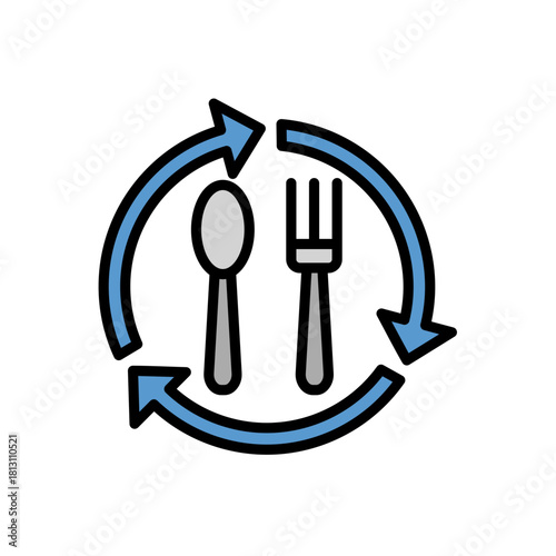 Food Service Recycle and Sustainability Icon: Spoon, Fork, and Circular Arrows