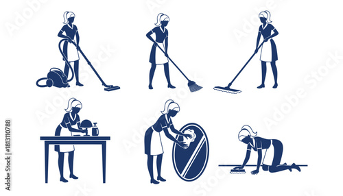Set of six blue silhouette icons depicting a female cleaner performing various household chores like vacuuming, sweeping, mopping, dusting, polishing a mirror, and scrubbing the floor
