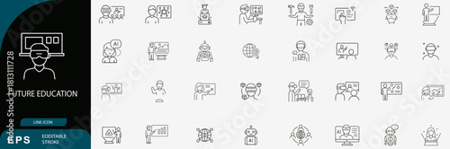 Future education line icons virtual reality technology vector set