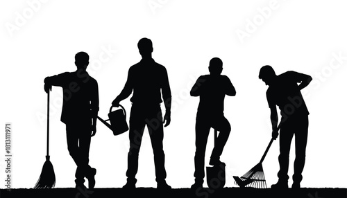 Silhouette collection of four male figures engaged in various outdoor maintenance and gardening tasks