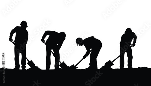 Silhouette of four construction workers digging with shovels in sequence showing the motion of manual labor