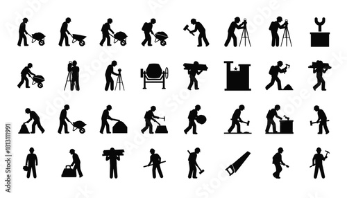 Collection of black silhouette icons representing various construction worker activities and tools